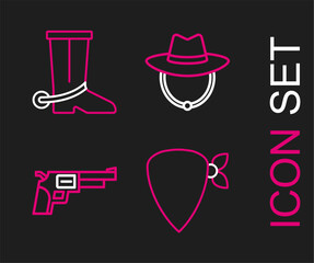 Wall Mural - Set line Cowboy bandana, Revolver gun, Western cowboy hat and boot icon. Vector