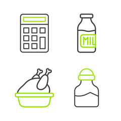 Canvas Print - Set line Spice in can, Roasted turkey or chicken, Bottle with milk and Calculator icon. Vector