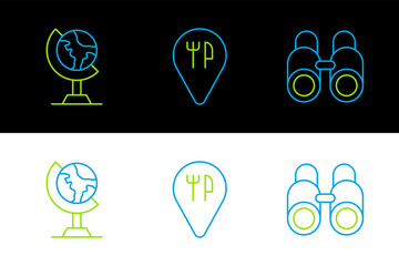 Sticker - Set line Binoculars, Earth globe and Cafe and restaurant location icon. Vector