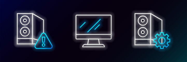 Poster - Set line Case of computer, and Computer monitor screen icon. Glowing neon. Vector