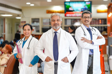 Wall Mural - Successful team of medical doctors standing in hospital.