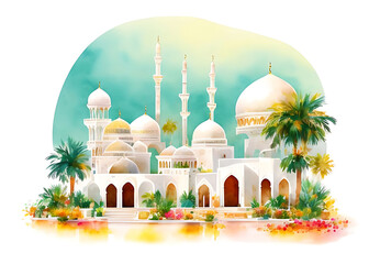 Wall Mural - Beautiful Islamic white Mosque warm watercolor illustration with tropical plant. Suitable for Islamic events Eid Al Fitr, Eid Al Adha, Ramadan, Islamic New Year, Mawlid. Generative AI