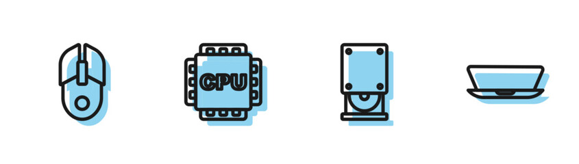 Poster - Set line Optical disc drive, Computer mouse, Processor with CPU and Laptop icon. Vector