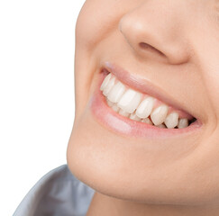 Wall Mural - Beautiful wide smile of young fresh woman with great healthy white teeth. Isolated over white background