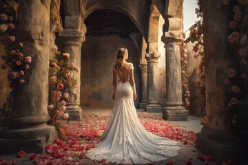 beautiful woman in bride wedding dress walking on rose petal way path in ancient castle corridor, Generative Ai