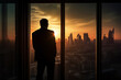 © Mihai Zaharia - Successfull businessman or CEO in his office, looking through a large window to the busy city at sunset. Bsuiness conceptual illustration. Generative AI
