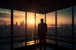 © Mihai Zaharia - Successfull businessman or CEO in his office, looking through a large window to the busy city at sunset. Bsuiness conceptual illustration. Generative AI