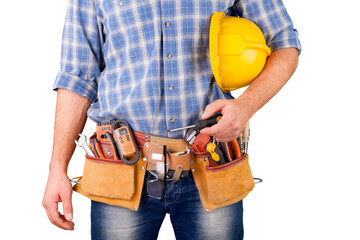 Wall Mural - Male worker with tool belt isolated on white  background