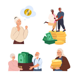 Senior Pensioner Couples,alone Female Characters Hold Huge Wallet with money,Green Bills,Notes.Concept of Financial Wealth,Pension Deductions,Savings,Wealthy Retirement.People Flat Vector Illustration