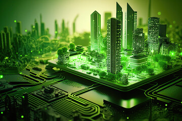 Smart green city on circuit board background. Futuristic cyberspace concept. Generated AI