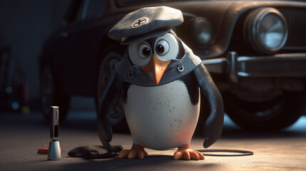 Poster - Penguin in mechanics clothes fixing cars Generative AI