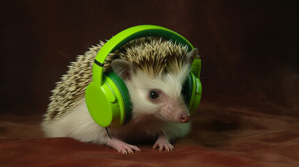 Canvas Print - Hedgehog with lime green headphones Generative AI