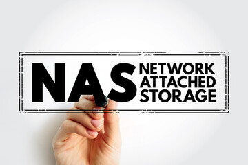 Aufkleber - NAS Network-Attached Storage - file-level computer data storage server connected to a computer network, acronym text stamp concept background