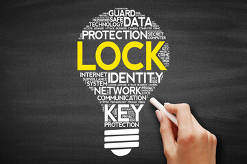 Poster - LOCK bulb word cloud collage, business concept on blackboard