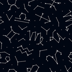 Wall Mural - Zodiac signs seamless pattern, stars and constellations repeating print on dark night background for fabric, packaging, wrapping paper design. Astrology, horoscope symbols vector illustration