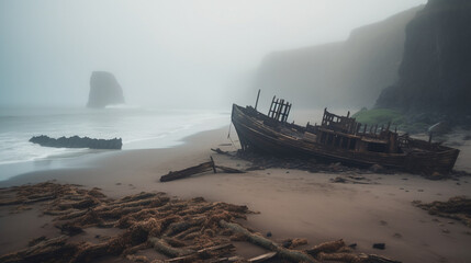 Poster - A deserted foggy beach with an eerie shipwreck Generative AI