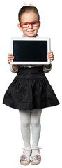 Poster - Little girl with digital tablet on white background