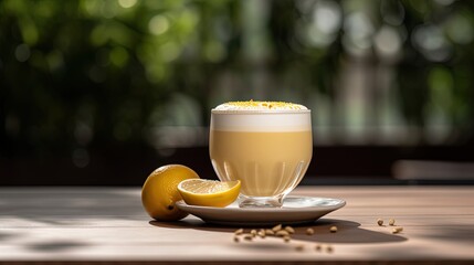 close up sour and sweet lemon almond milk latte in backyard garden, refresh drink on weekend, Generative Ai