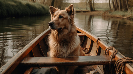 Canvas Print - Dog in a wooden boat on a river Generative AI