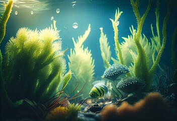 Underwater green background with various sea plants. Underwater scene. Generative AI