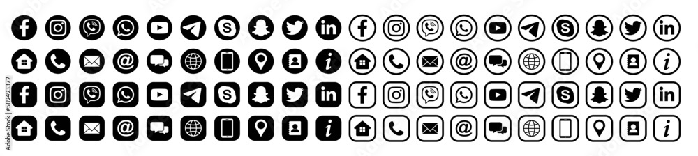Collection of Connect Icons.Contact us icon set.Contact and Communication Icons.Set of Communication icon.Set of Social media icon:Facebook,Instagram, Twitter, Youtube,Whatsapp, Telegram.Vector