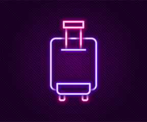 Sticker - Glowing neon line Suitcase for travel icon isolated on black background. Traveling baggage sign. Travel luggage icon. Colorful outline concept. Vector