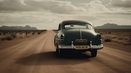 Sticker - An old and classic car on a deserted road Generative AI