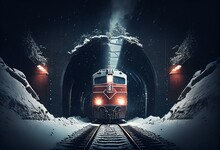 Dramatic Polar Express On A Dark Winter Night Under A Tunnel Bridge Generative AI