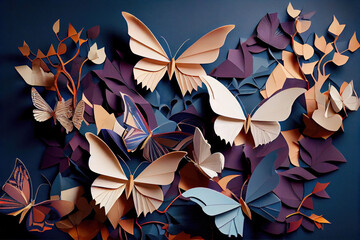 Wall Mural - Many folded paper butterflies flying as wallpaper background (Generative AI)