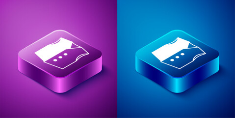 Sticker - Isometric Waistcoat icon isolated on blue and purple background. Classic vest. Formal wear for men. Square button. Vector