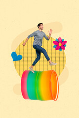 Aufkleber - Vertical artwork collage of excited mini guy run big cat spring toy plasticine heart flower isolated on beige background