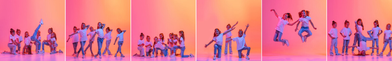 Collage. Hip-hop dance, street style. Group of children in casual style clothes dancing contemp against pink background in yellow neon light. Concept of music, fashion, childhood, hobby, art