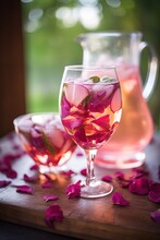 Close Up Glass Of Wild Rose Petal Sangria On Wooden Table Outdoor, Generative Ai