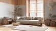 Blurred background, wooden living room with fabric sofa. Parquet floor, coffee tables and carpets. Japanese interior design