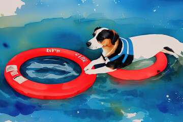 Watercolor illustration of a dog with a red life buoy in blue transparent water. Generative AI.