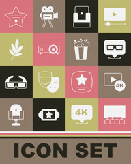 Poster - Set Cinema auditorium with screen, Screen tv 4k, 3D cinema glasses, chair, Movie, film, media projector, trophy, Walk of fame star and Popcorn cardboard box icon. Vector