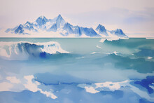 A Frozen Block Of An Iceberg That Breaks Off The Shelf Drifts In The Ocean, Watercolor Illustration. Generative AI.