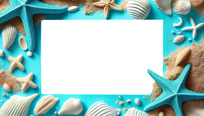 Frame from seashell starfish and beach sand on blue wooden background. Summer holiday banner. Top view, sunlight. Inside the frame is a white background