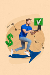 Aufkleber - Vertical collage portrait of excited guy run big arrow pointer indicator use netbook earn money online check mark isolated on beige background