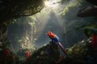 A vibrant red macaw, perched high on a branch in a dense Amazonian rainforest, with bright green foliage, vines, and a distant waterfall in the humid, misty air. generative ai