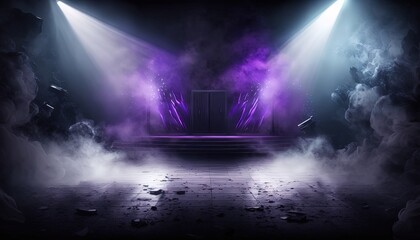 purple, spotlights shine on stage floor in dark room, idea for background backdrop, music hall or studio, Generative Ai
