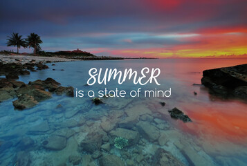 Wall Mural - Beach sunset background with inspirational text - Summer is s state of mind