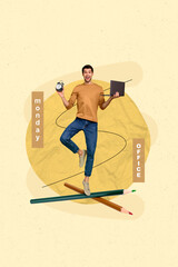 Aufkleber - Vertical collage picture of excited mini guy hold netbook clock bell ring stand big pencil monday office isolated on creative background
