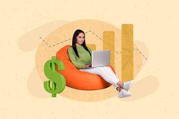 Wall Mural - Creative image template collage of business lady sitting bean bag chair analyze company financial increase write charts