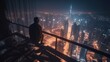 top view aerial cityscape at night time with a man sitting on high building roof, Generative Ai