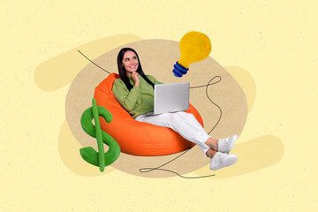 Aufkleber - Image template creative collage of economist young lady using netbook solving issue plans financial success