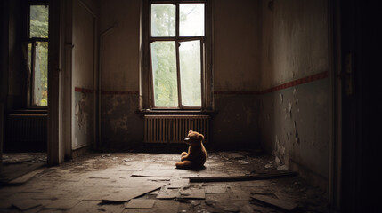 Canvas Print - Bear in an abandoned hospital Generative AI