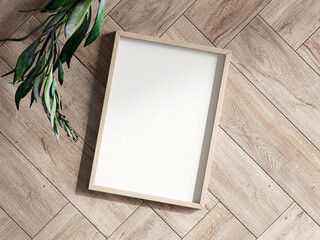 Sticker - blank photo frame on wooden background, 3d render