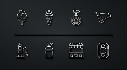 Sticker - Set line Cotton candy, Striker attraction with hammer, Cannon, Ticket box office, Paper glass water, Ice cream in waffle cone, Circus ticket and Unicycle or wheel bicycle icon. Vector