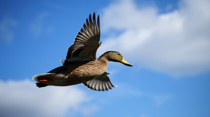 Poster - A Duck Flying in a Clear Blue Sky Generative AI